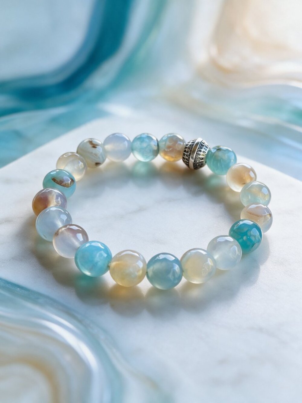 Ocean Agate (10mm) Beaded Bracelet | S925 Sterling Silver Bead Charm | Stretch